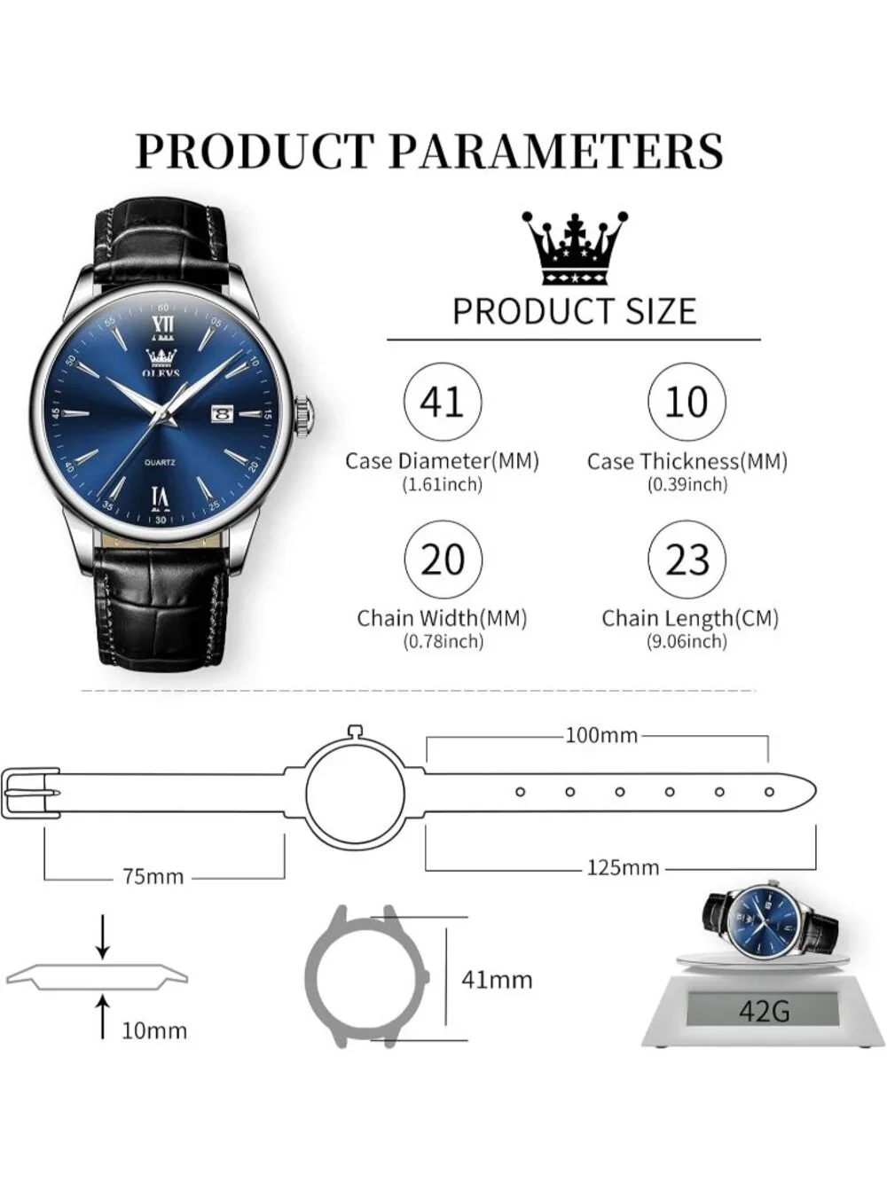 Men's Blue Black Leather Band Waterproof Relog Para Hombres Classic Wrist Watch